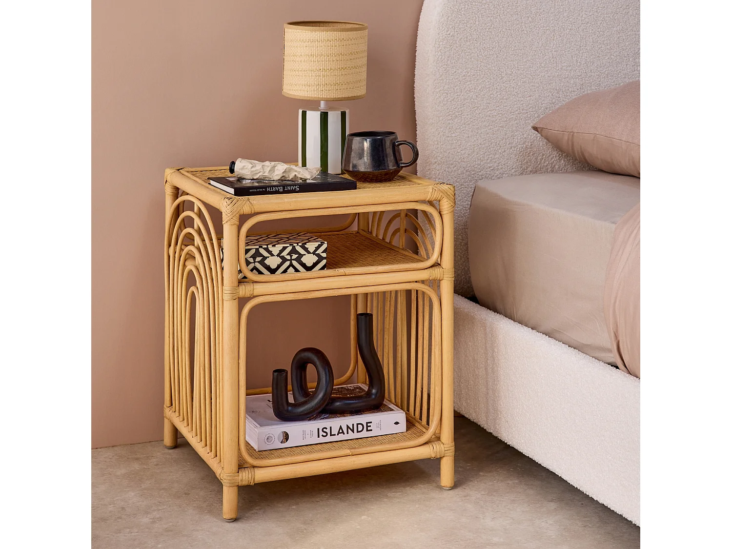 Set 2 comodini in rattan 1 vano portaoggetti, marrone naturale