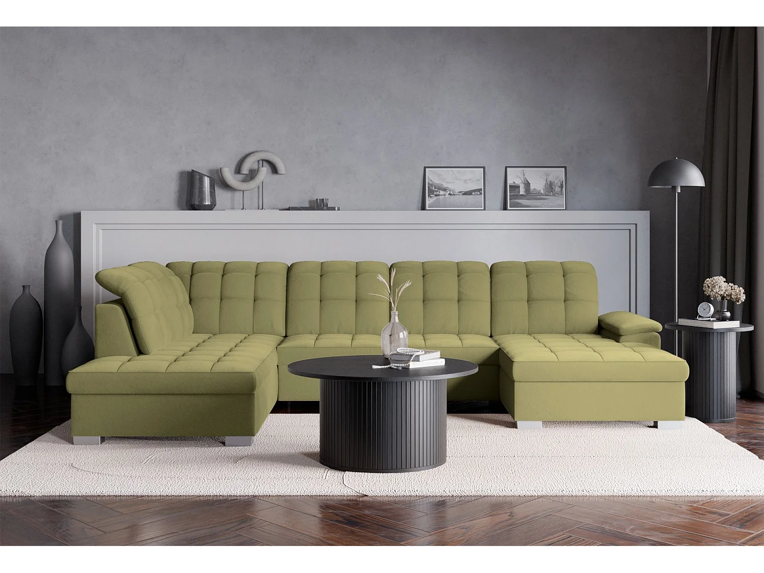 Canapé d'angle U convertible – vert olive– côté droit – JAMAAL