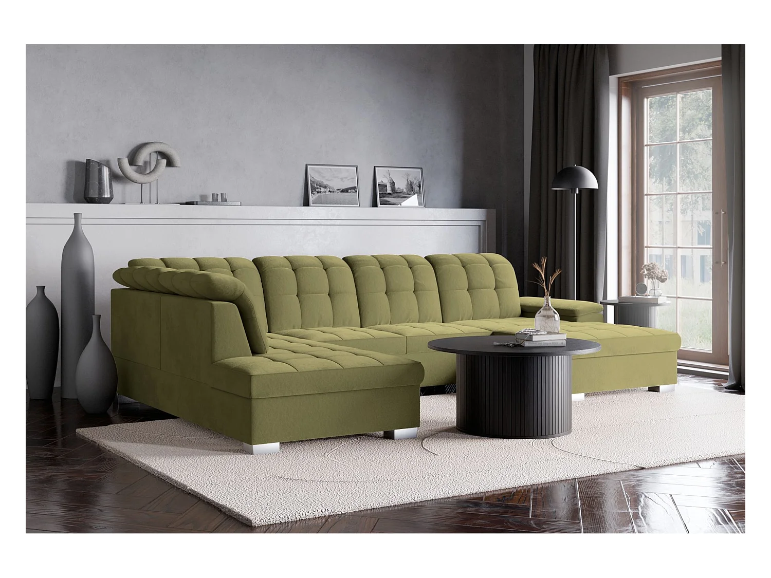 Canapé d'angle U convertible – vert olive– côté droit – JAMAAL