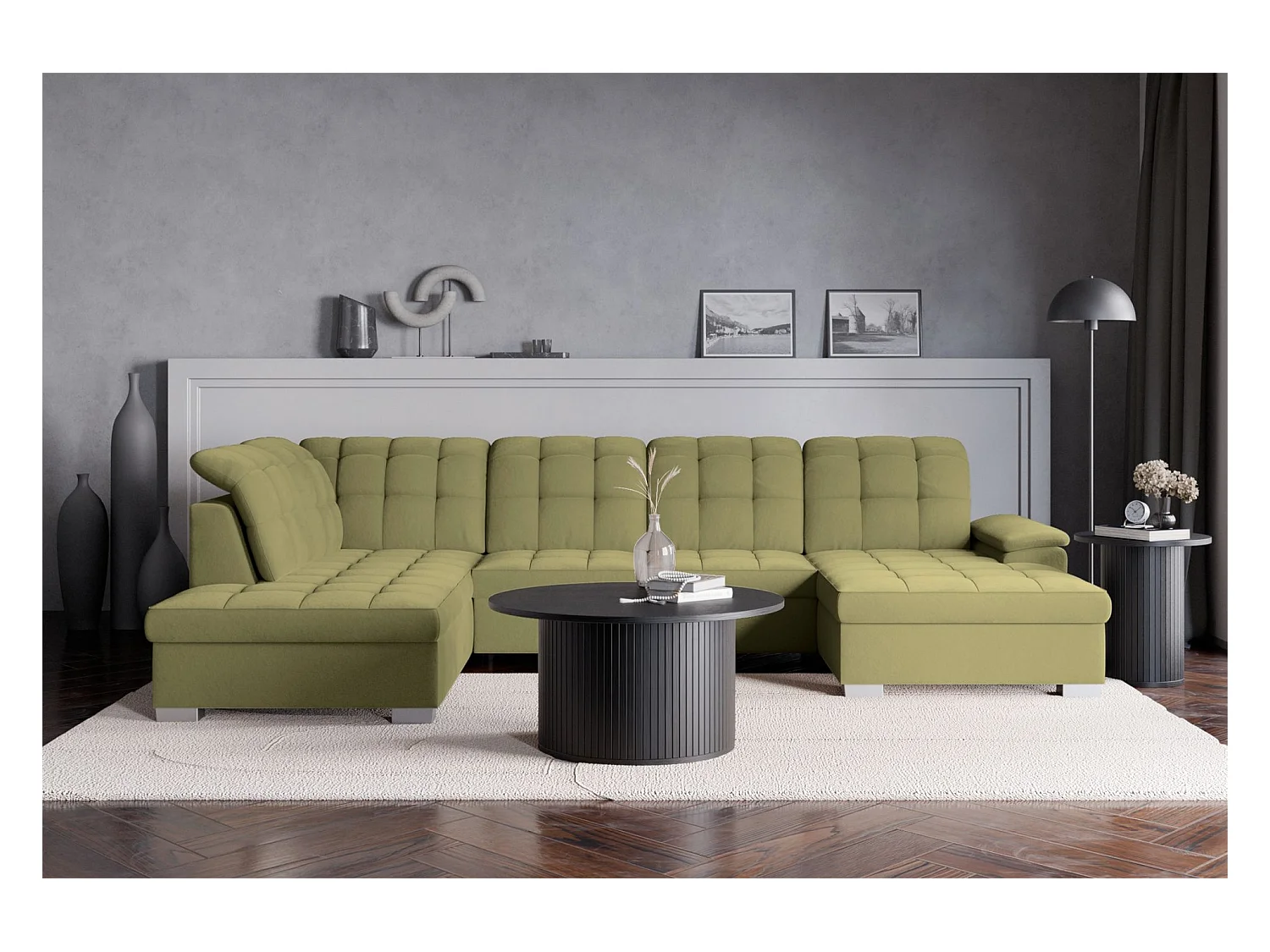 Canapé d'angle U convertible – vert olive– côté droit – JAMAAL