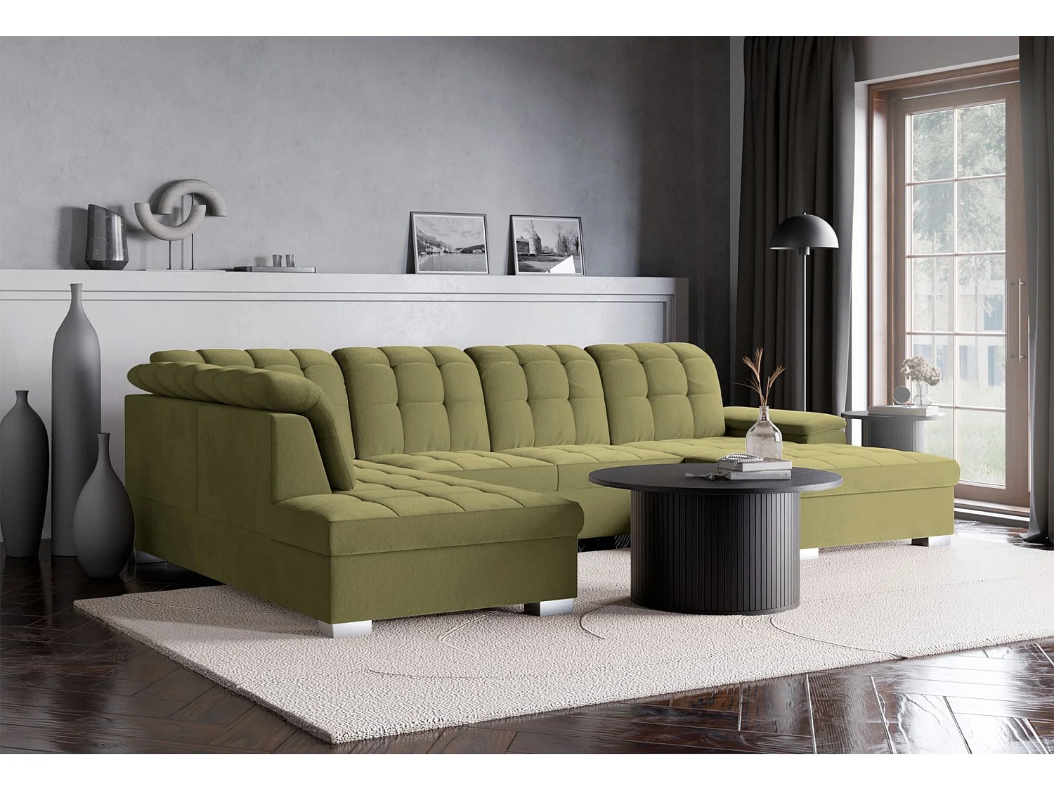 Wohnlandschaft - Schlaffunktion und Veloursbezug - rechts - olivgrün - JAMAAL