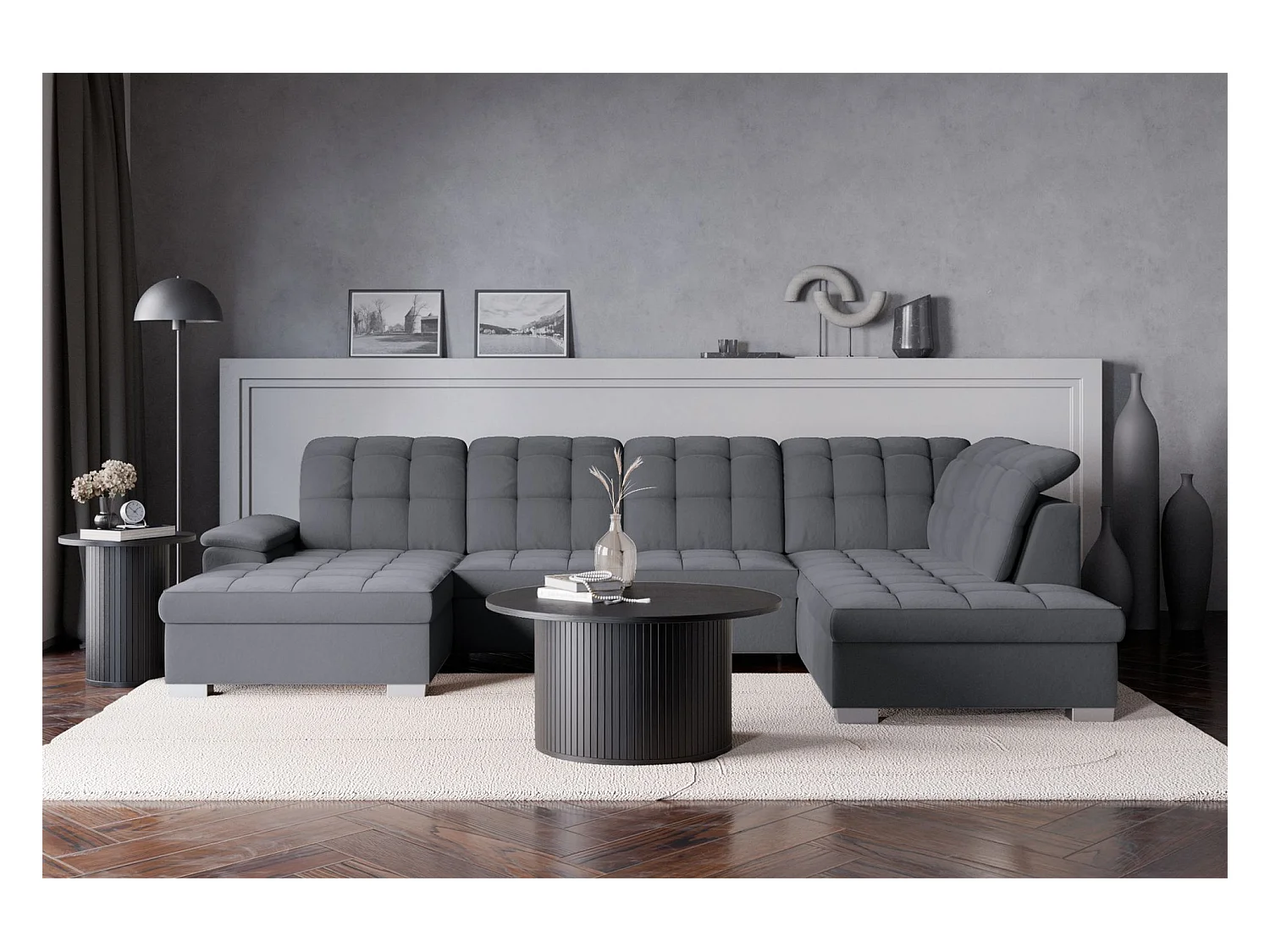 Canapé d'angle U convertible –gris foncé– côté gauche – JAMAAL