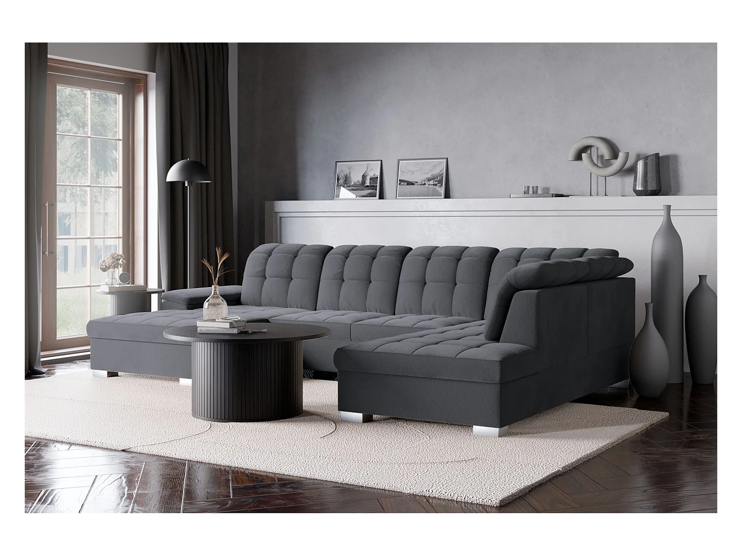 Canapé d'angle U convertible –gris foncé– côté gauche – JAMAAL