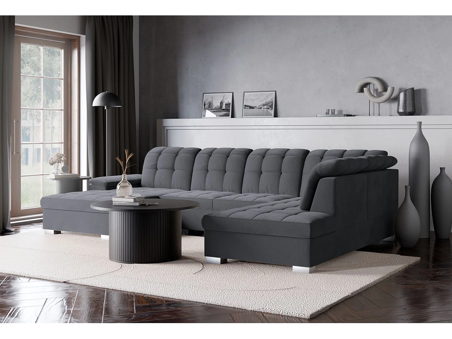 Wohnlandschaft - Schlaffunktion und Veloursbezug - links - dunkelgrau - JAMAAL