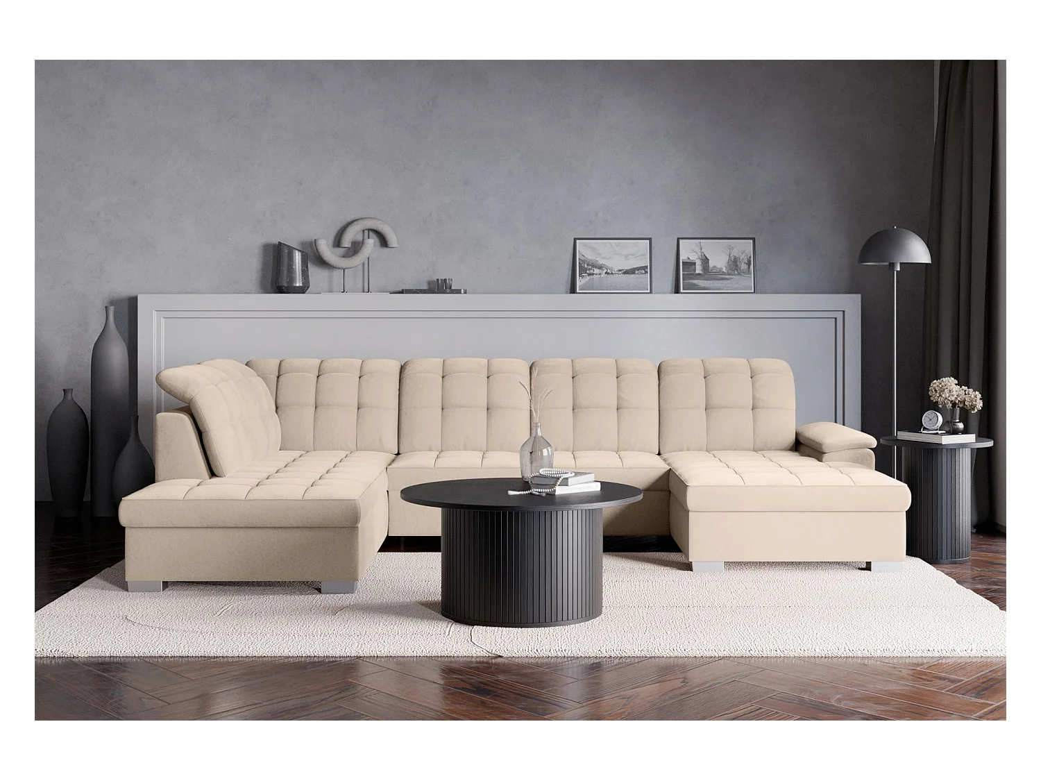 Canapé d'angle U convertible – beige– côté droit – JAMAAL