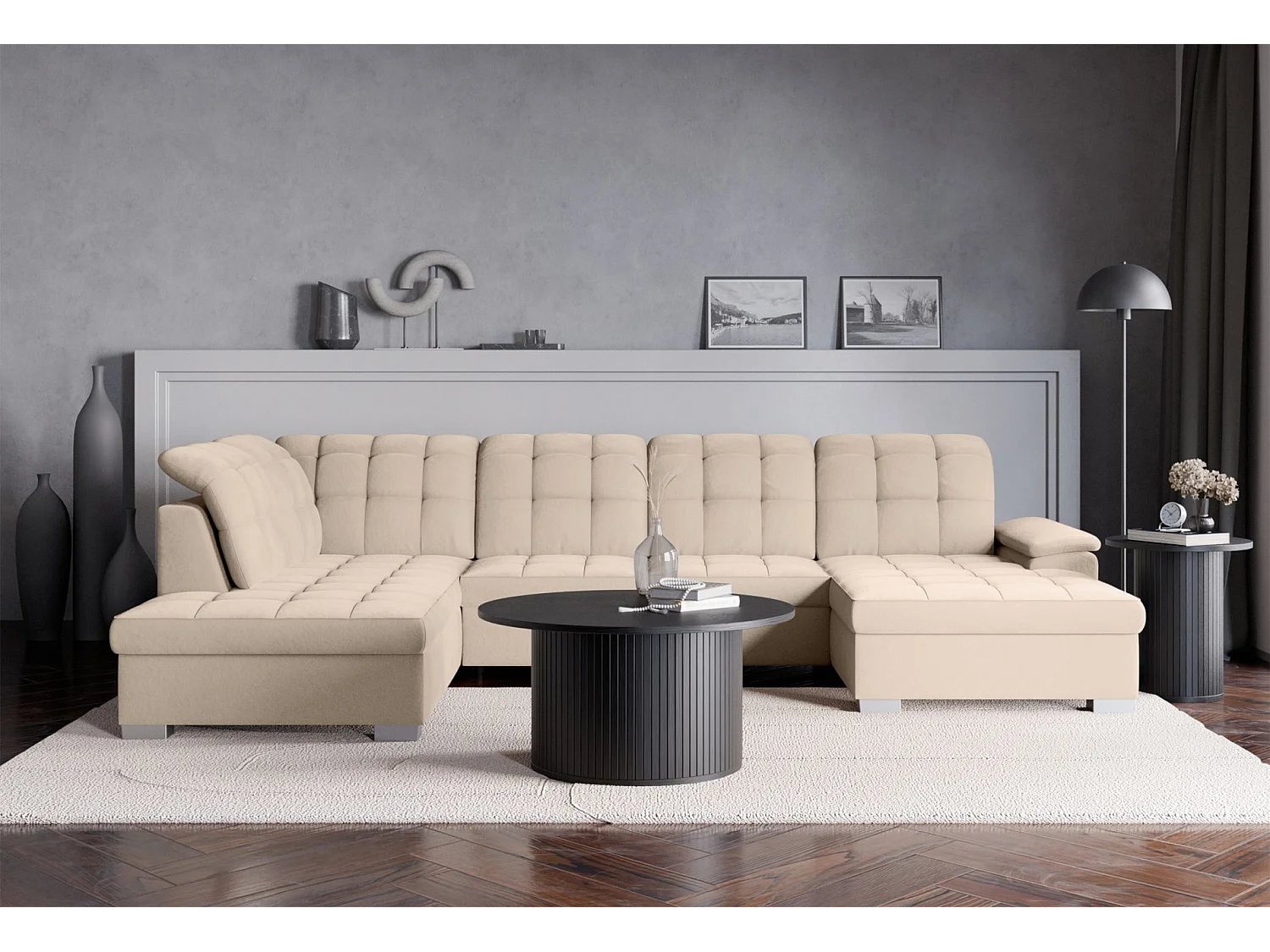 Wohnlandschaft - Schlaffunktion und Veloursbezug - rechts - beige - JAMAAL