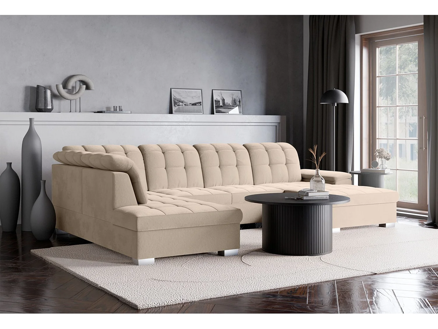 Wohnlandschaft - Schlaffunktion und Veloursbezug - rechts - beige - JAMAAL