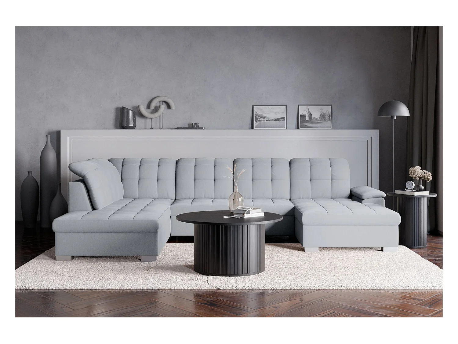 Canapé d'angle U convertible –gris clair tressé– côté droit – JAMAAL