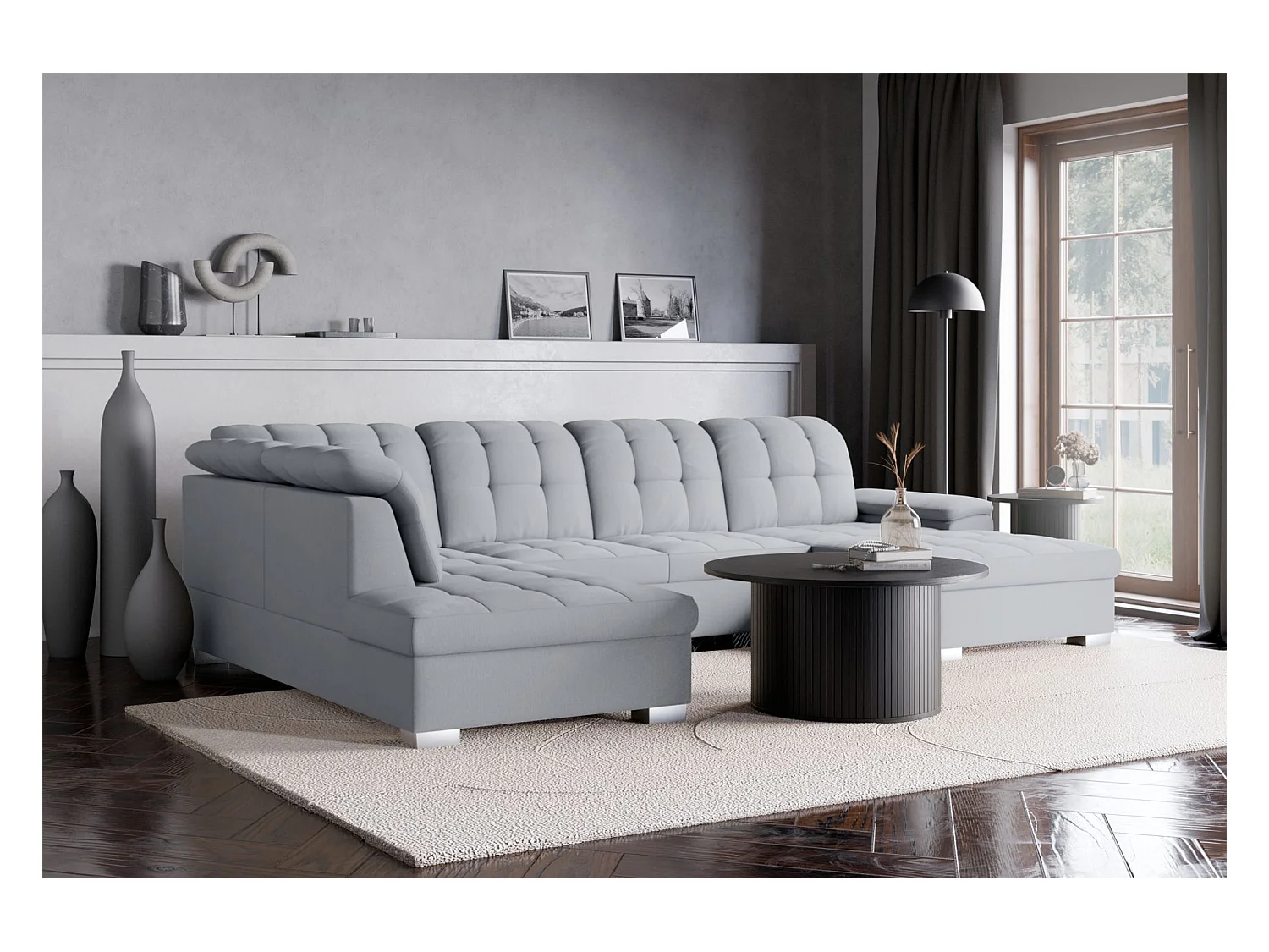 Canapé d'angle U convertible –gris clair tressé– côté droit – JAMAAL