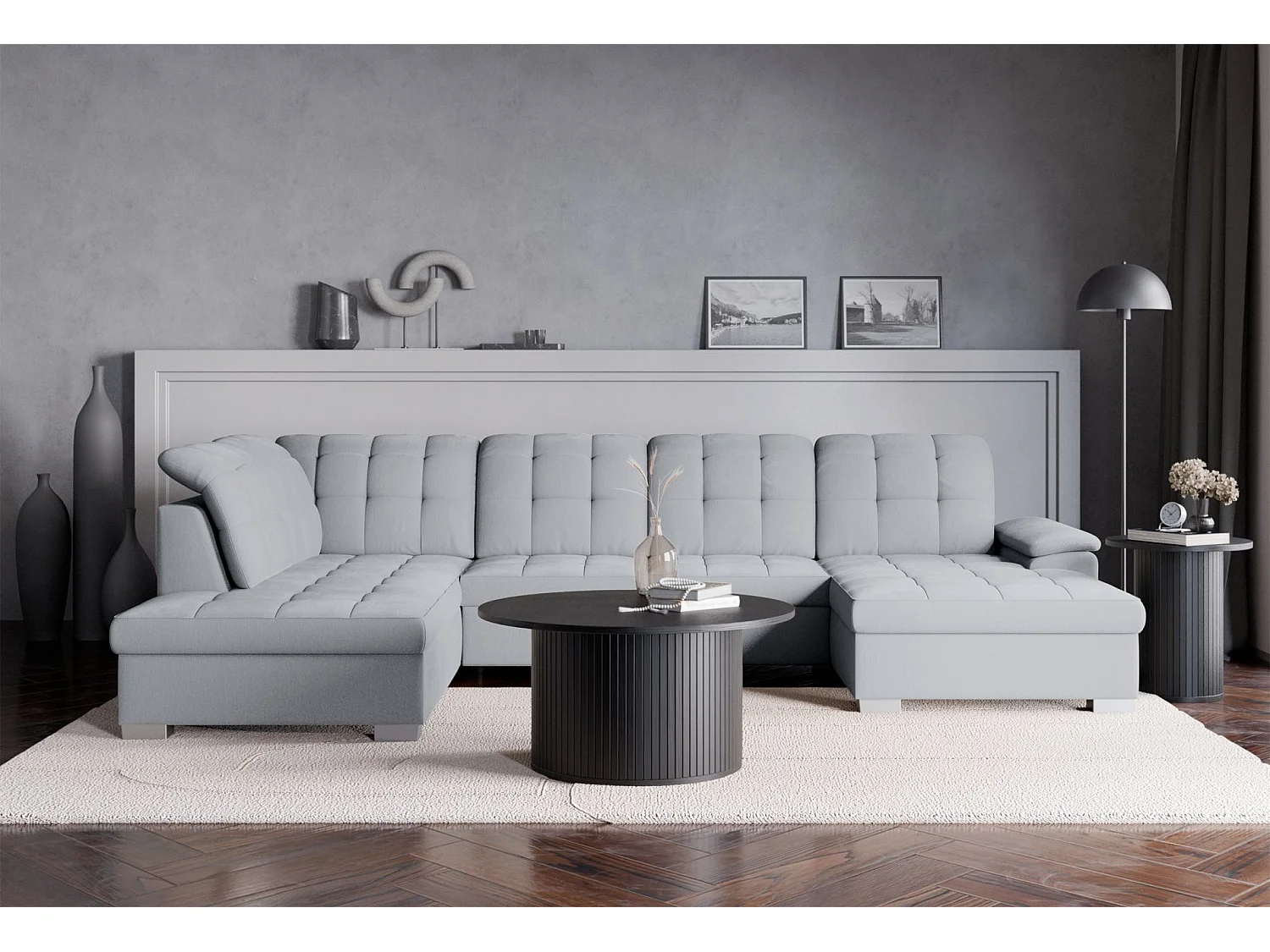 Canapé d'angle U convertible –gris clair tressé– côté droit – JAMAAL