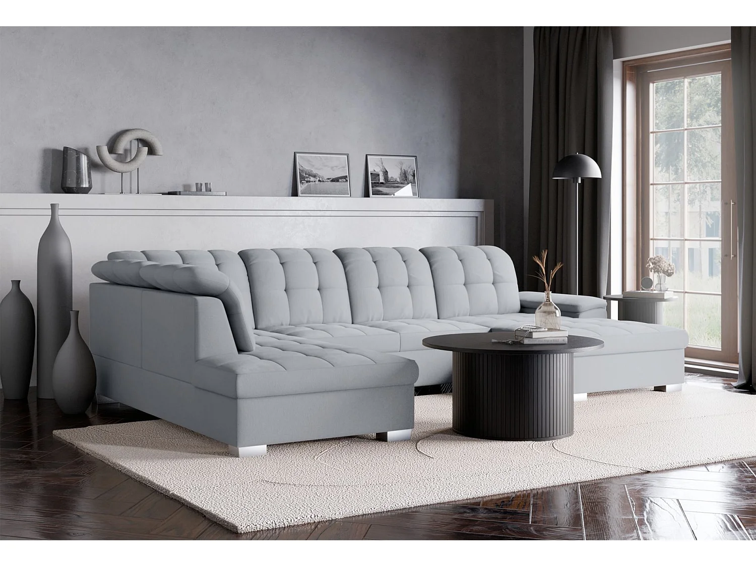 Canapé d'angle U convertible –gris clair tressé– côté droit – JAMAAL