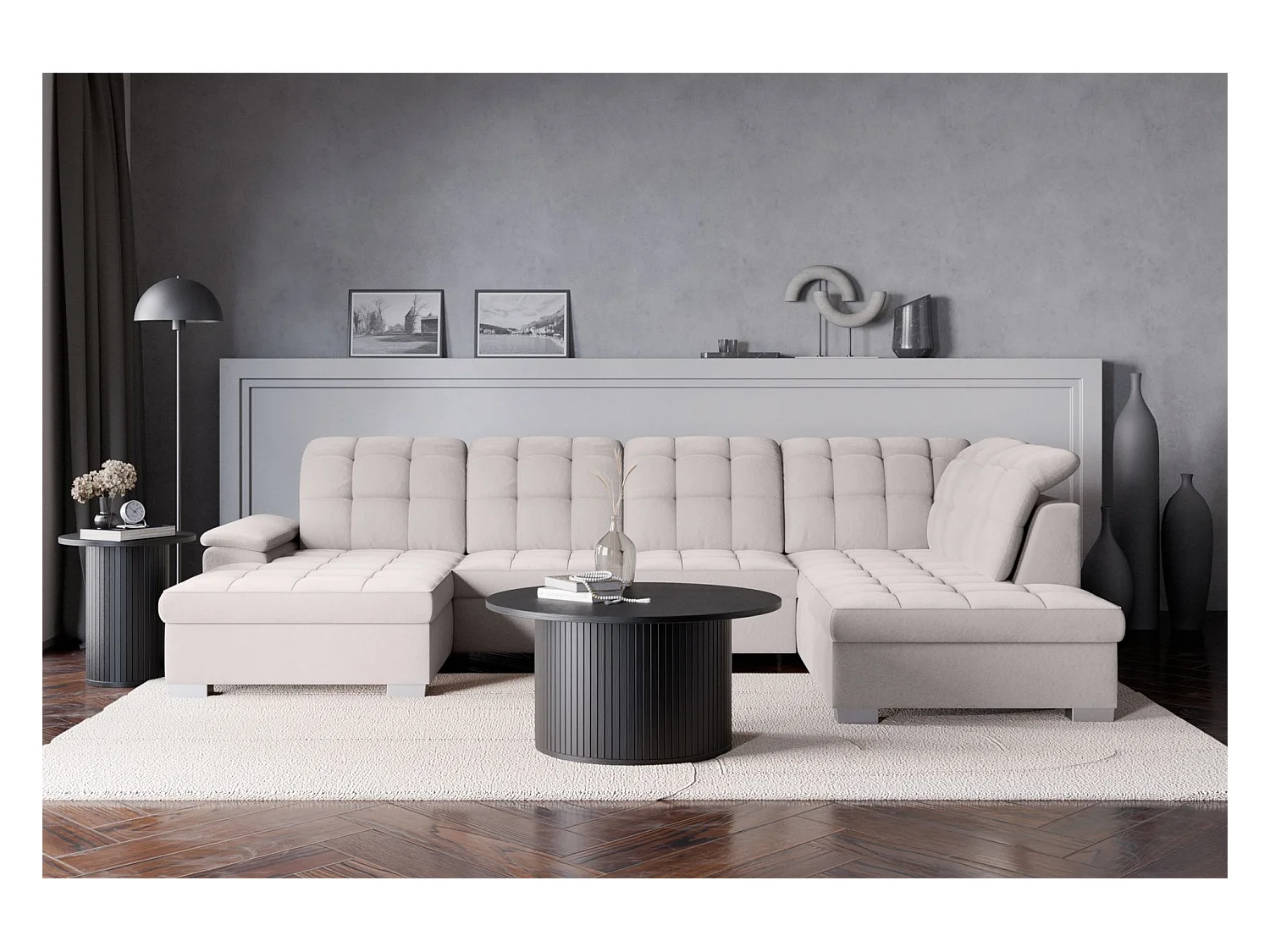 Canapé d'angle U convertible –gris clair– côté gauche – JAMAAL