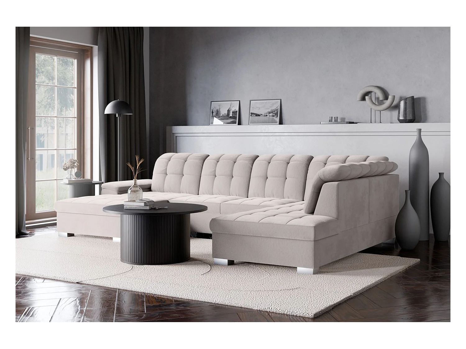 Canapé d'angle U convertible –gris clair– côté gauche – JAMAAL