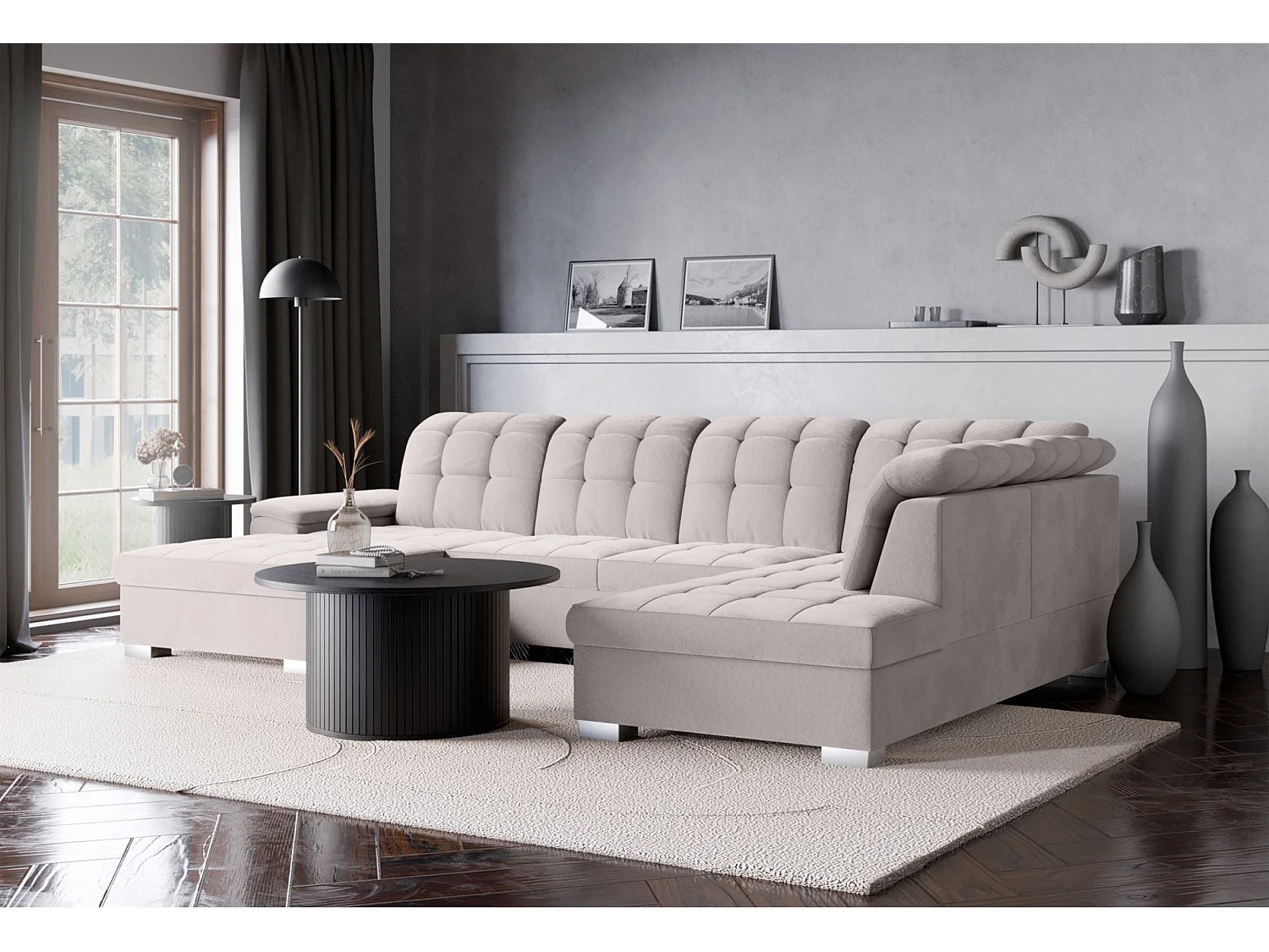 Canapé d'angle U convertible –gris clair– côté gauche – JAMAAL