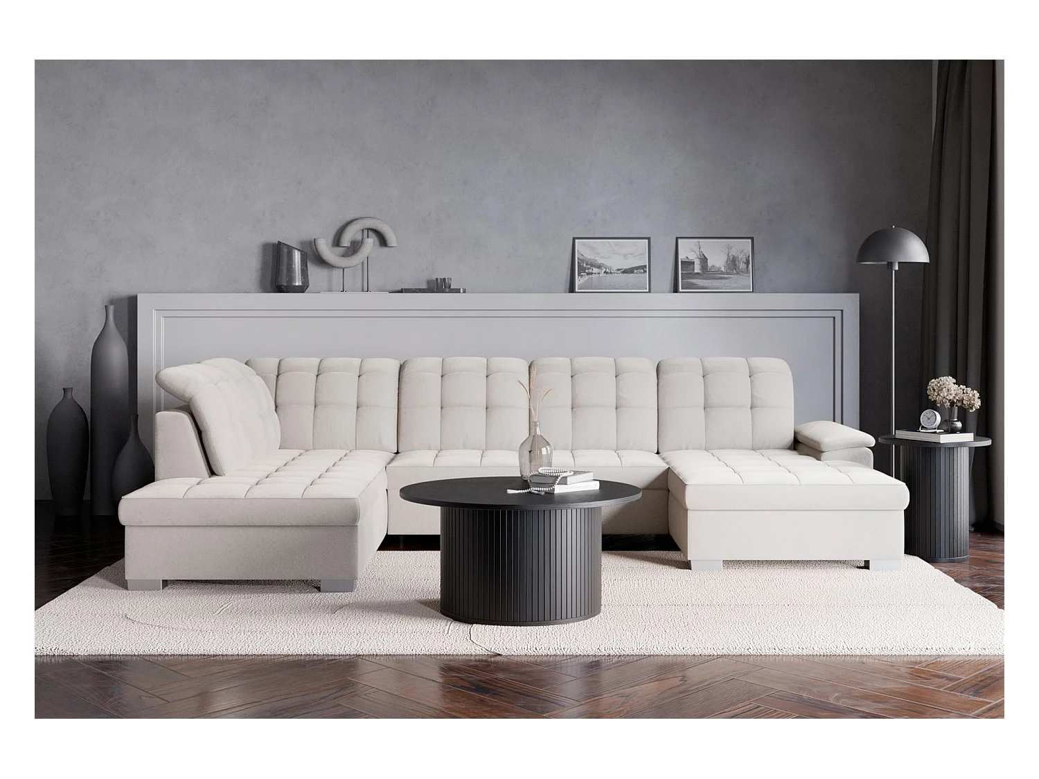 Canapé d'angle U convertible – grège– côté droit – JAMAAL