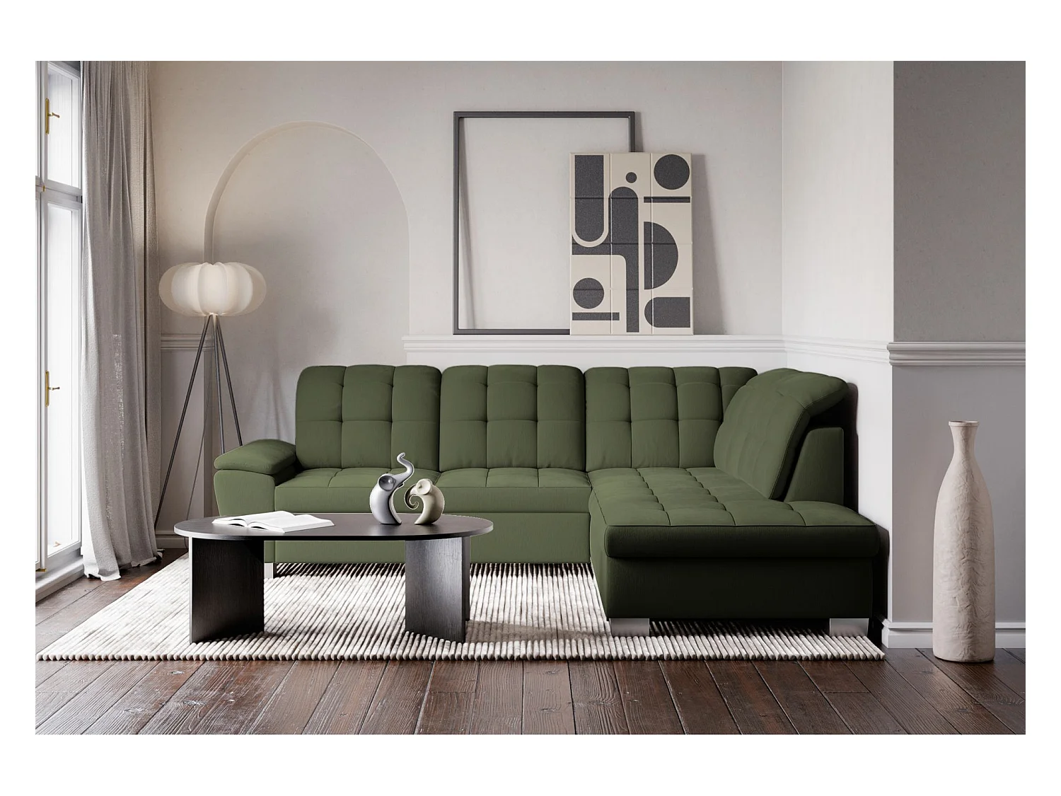 Canapé d'angle convertible L – vert olive– côté droit – JAMAAL