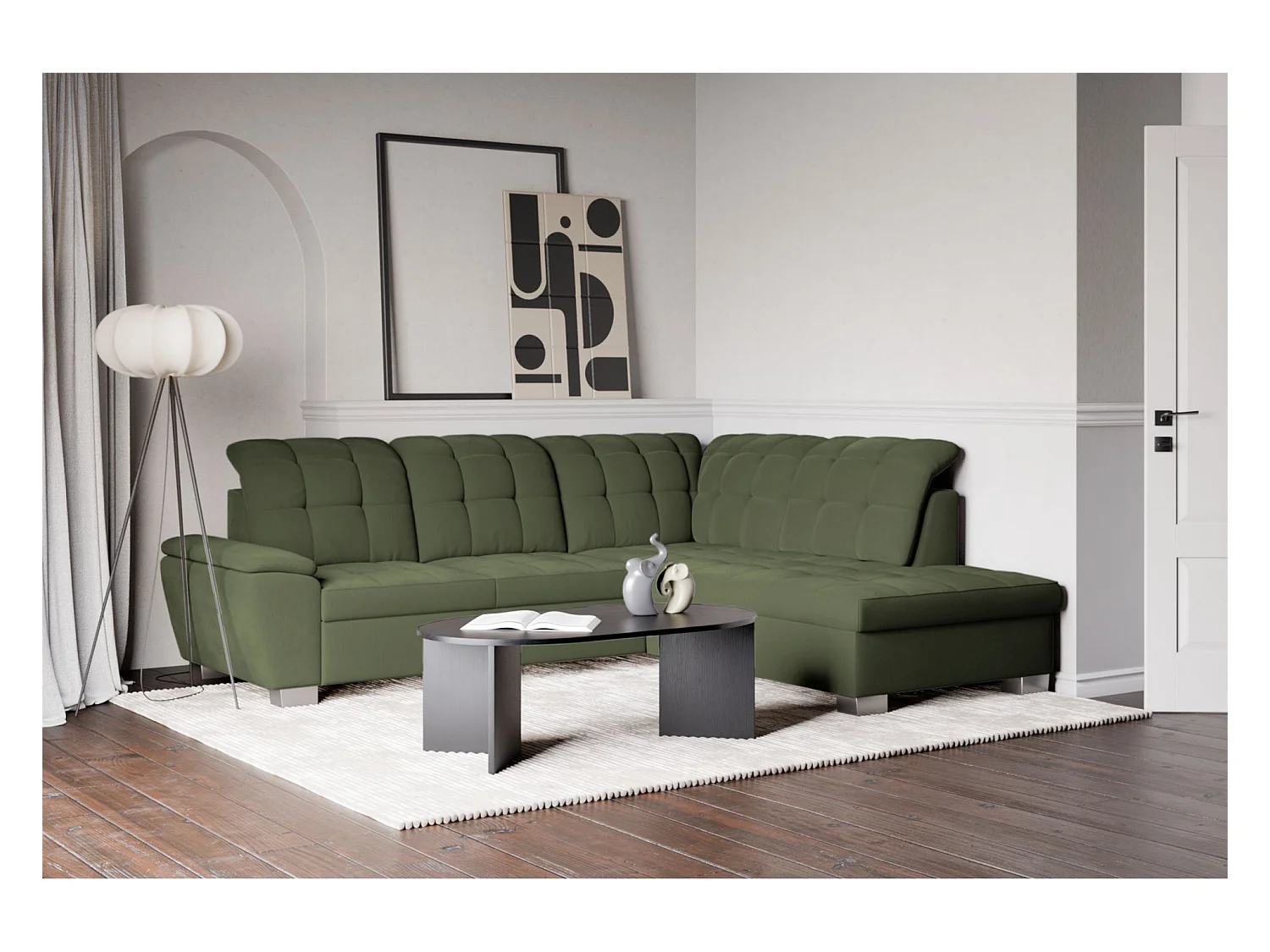 Canapé d'angle convertible L – vert olive– côté droit – JAMAAL