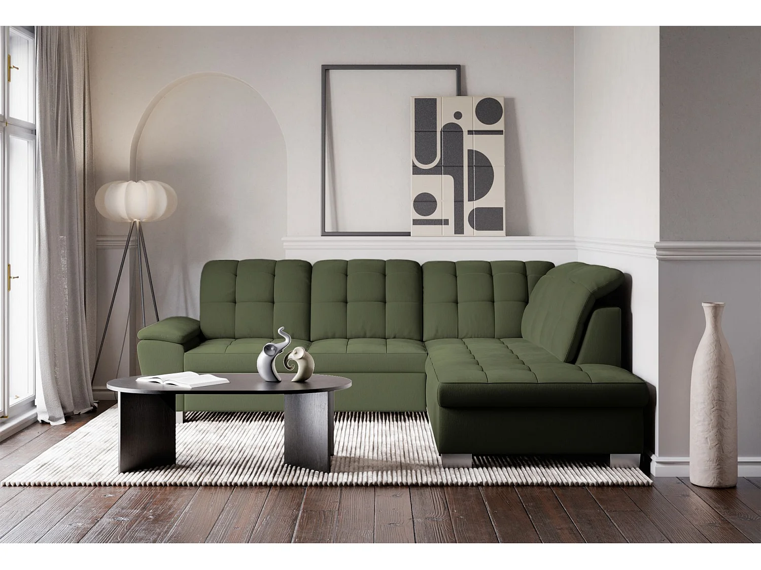 Ecksofa - Schlaffunktion und Stauraum - rechtsseitig - khaki - JAMAAL