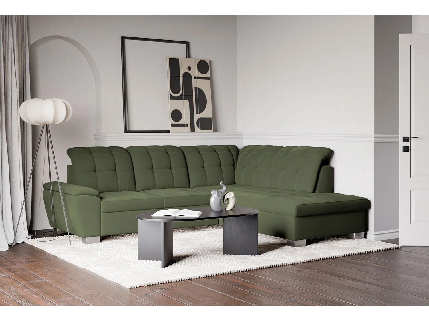 Ecksofa - Schlaffunktion und Stauraum - rechtsseitig - khaki - JAMAAL