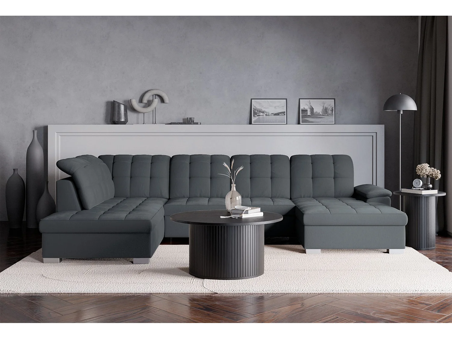 Canapé d'angle U convertible –gris foncé tressé– côté droit – JAMAAL