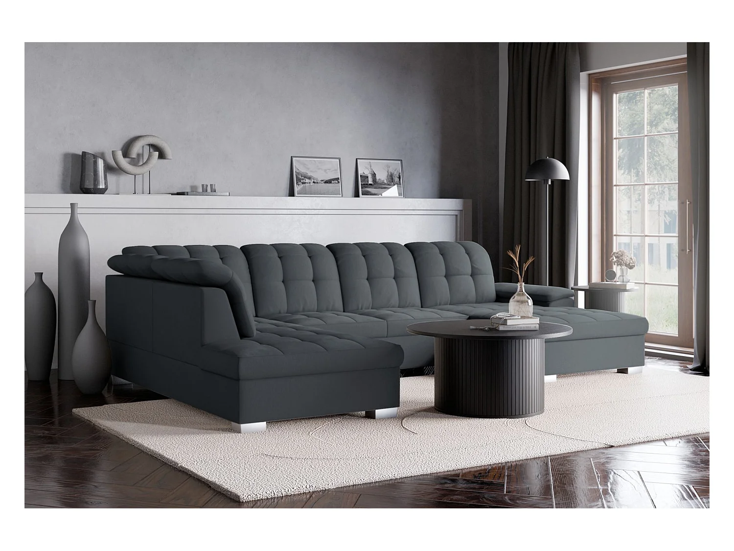 Canapé d'angle U convertible –gris foncé tressé– côté droit – JAMAAL