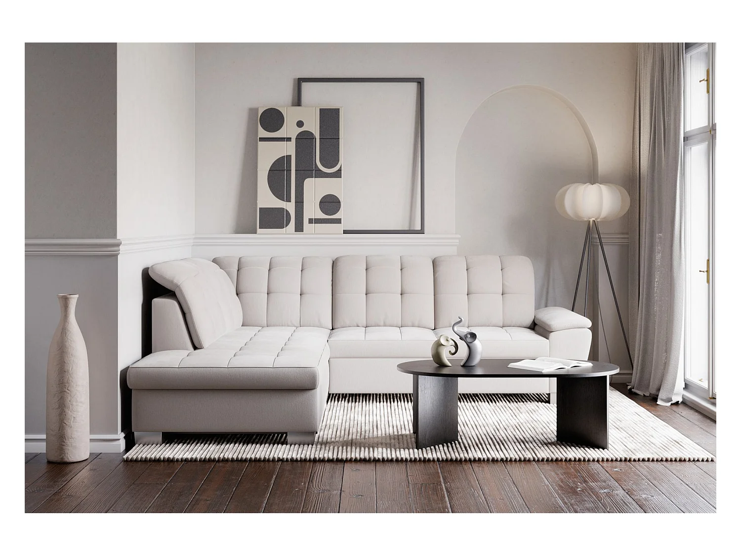 Canapé d'angle convertible L – crème – côté gauche – JAMAAL