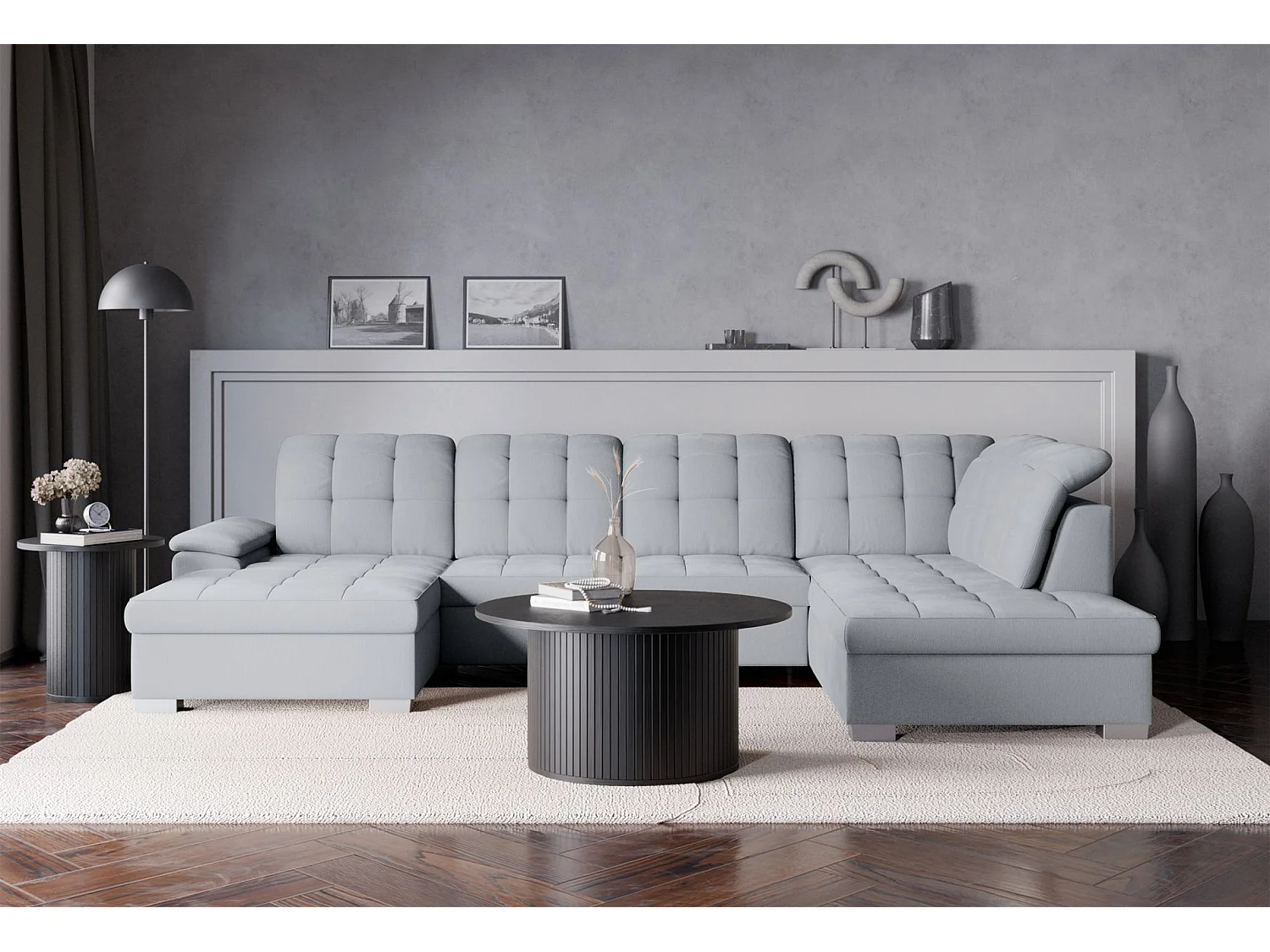 Canapé d'angle U convertible –gris clair tressé– côté gauche – JAMAAL