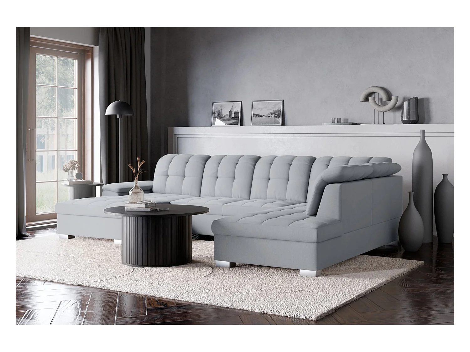 Canapé d'angle U convertible –gris clair tressé– côté gauche – JAMAAL