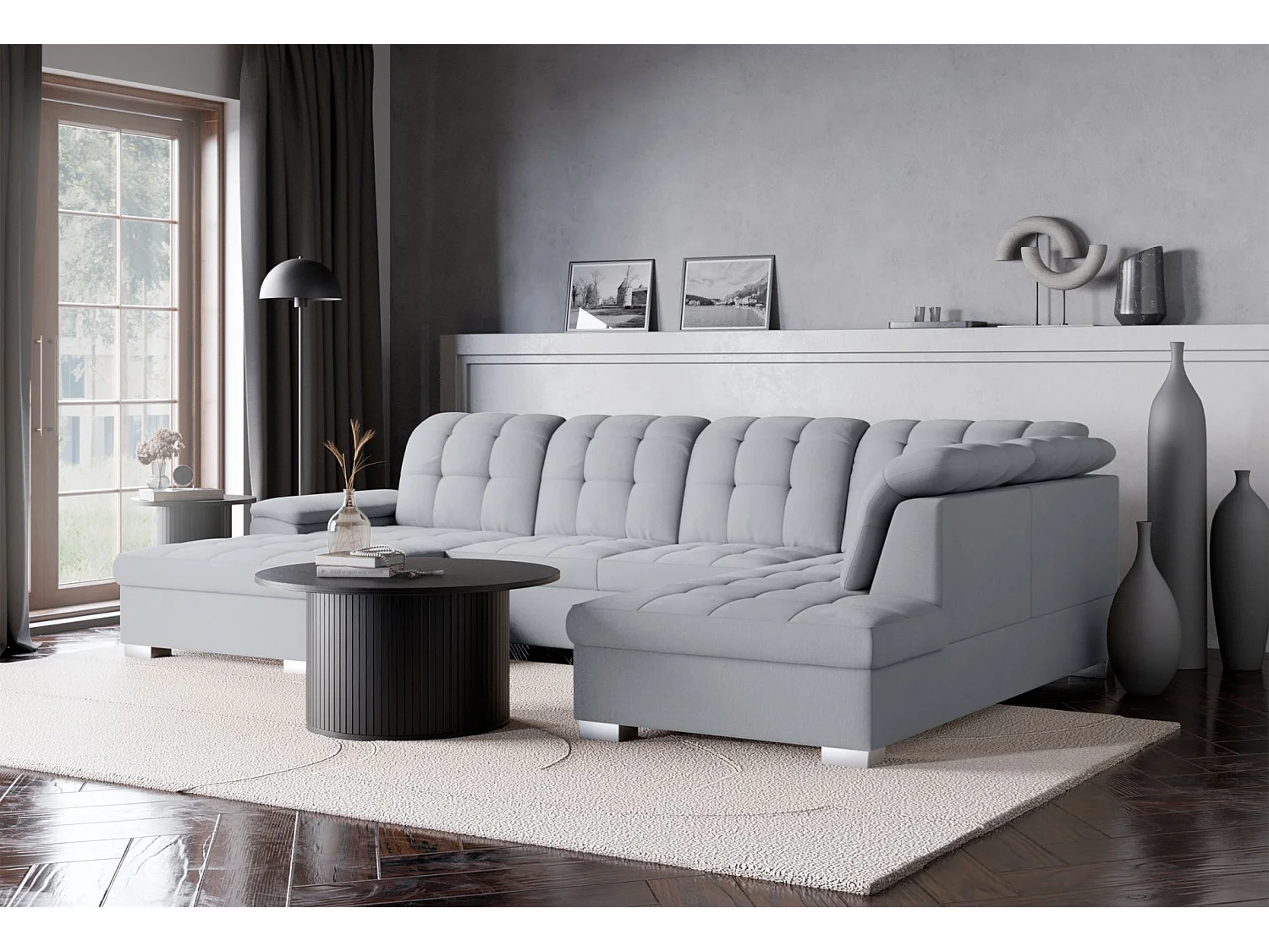 Canapé d'angle U convertible –gris clair tressé– côté gauche – JAMAAL