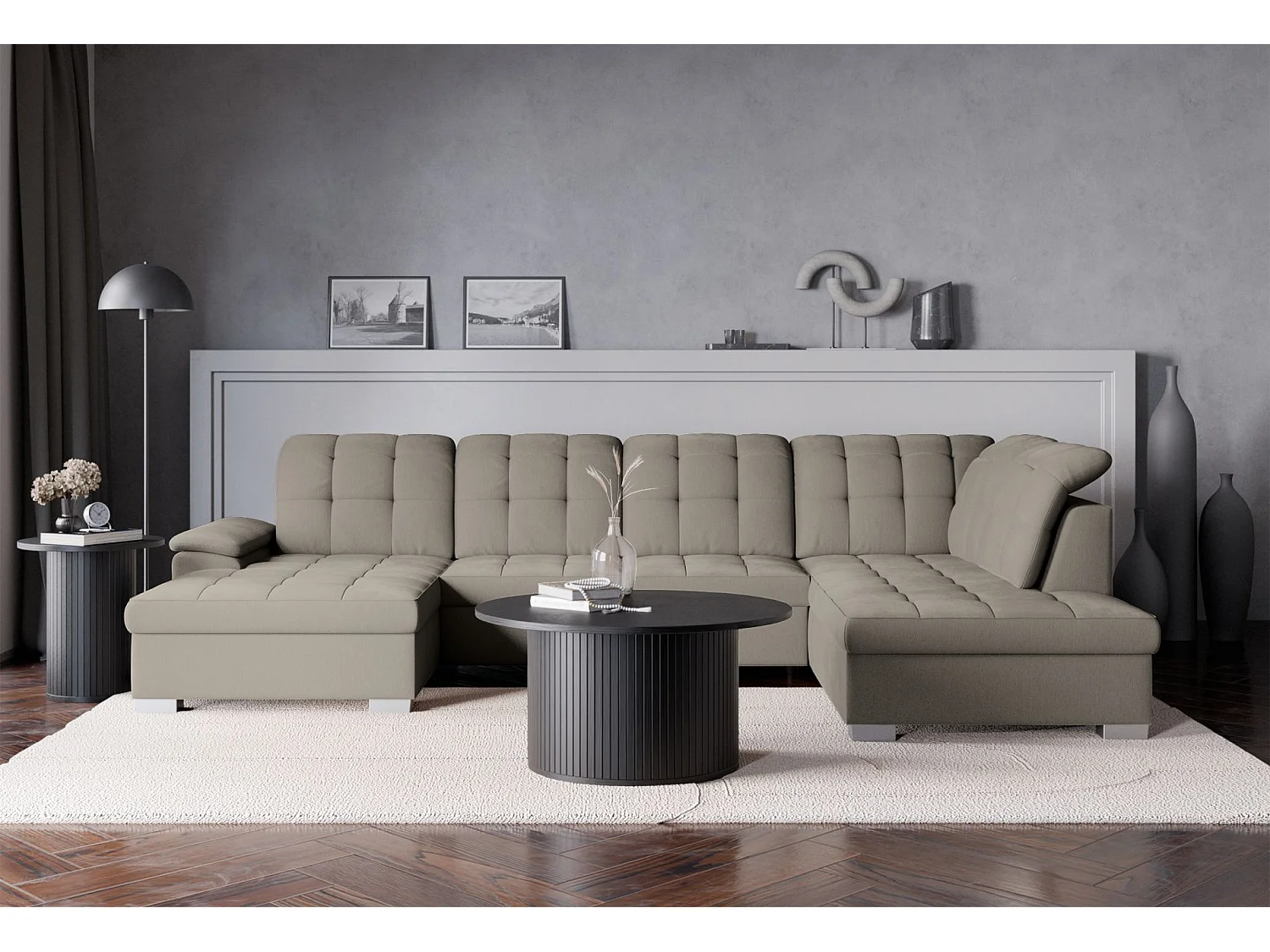 Canapé d'angle U convertible – grège tressé– côté gauche – JAMAAL