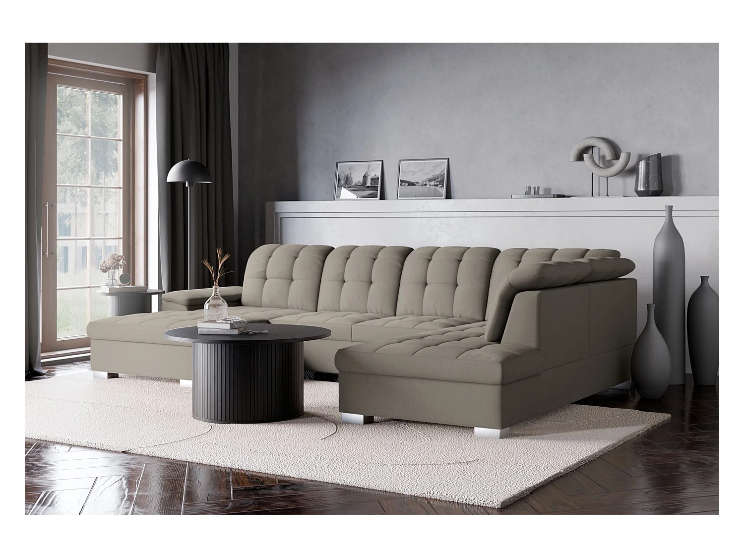 Canapé d'angle U convertible – grège tressé– côté gauche – JAMAAL