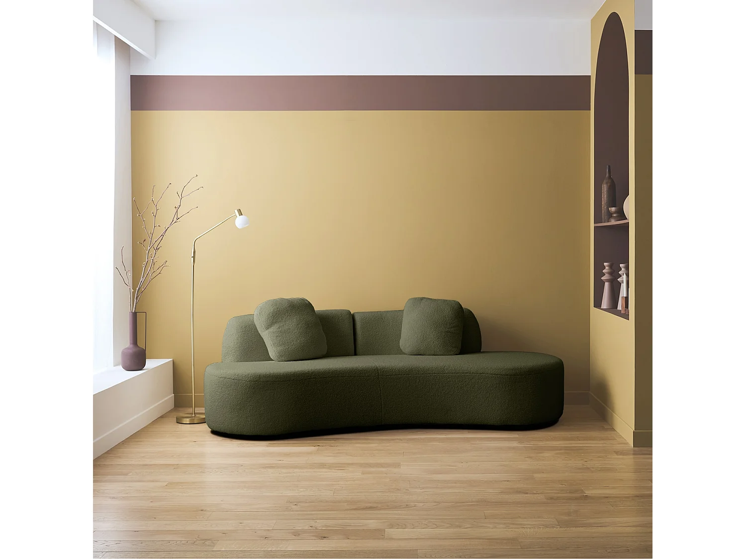 Canapé virgule 3 places en tissu bouclette kaki forme organique - WAVE L 232 x P 97 x H 68cm