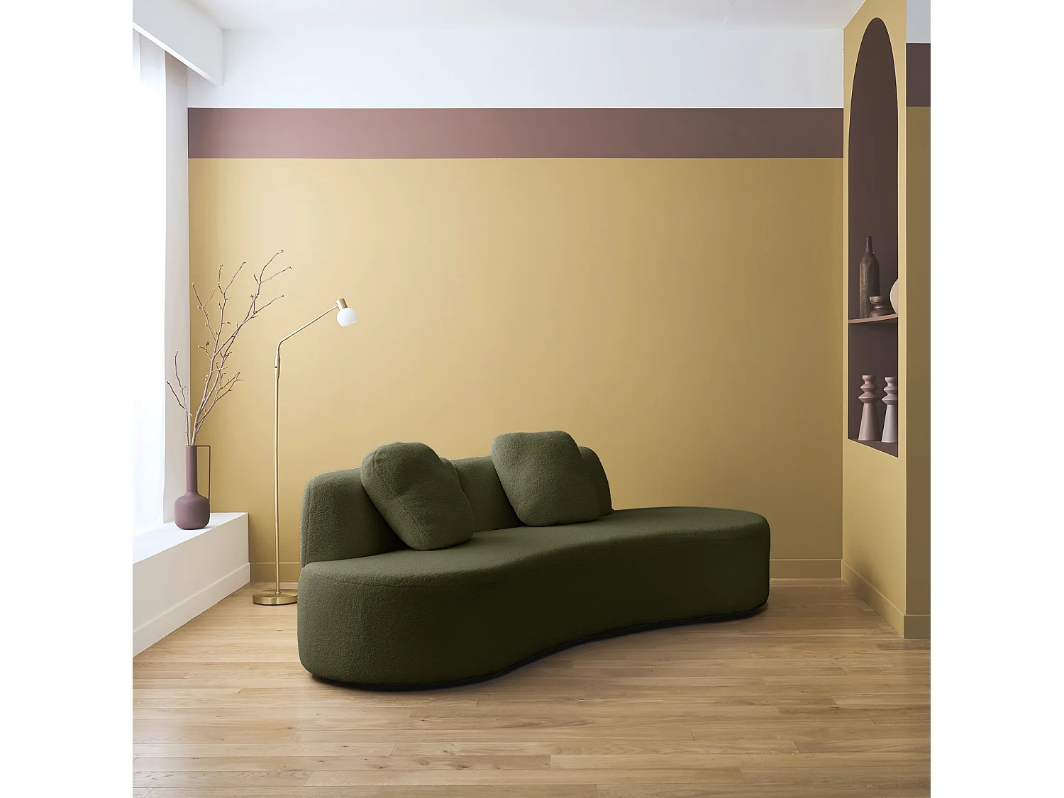 Canapé virgule 3 places en tissu bouclette kaki forme organique - WAVE L 232 x P 97 x H 68cm