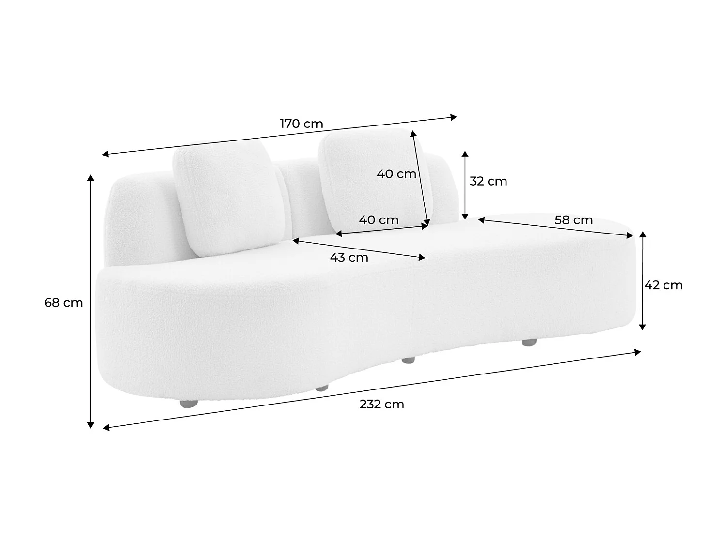 Canapé virgule 3 places en tissu bouclette kaki forme organique - WAVE L 232 x P 97 x H 68cm