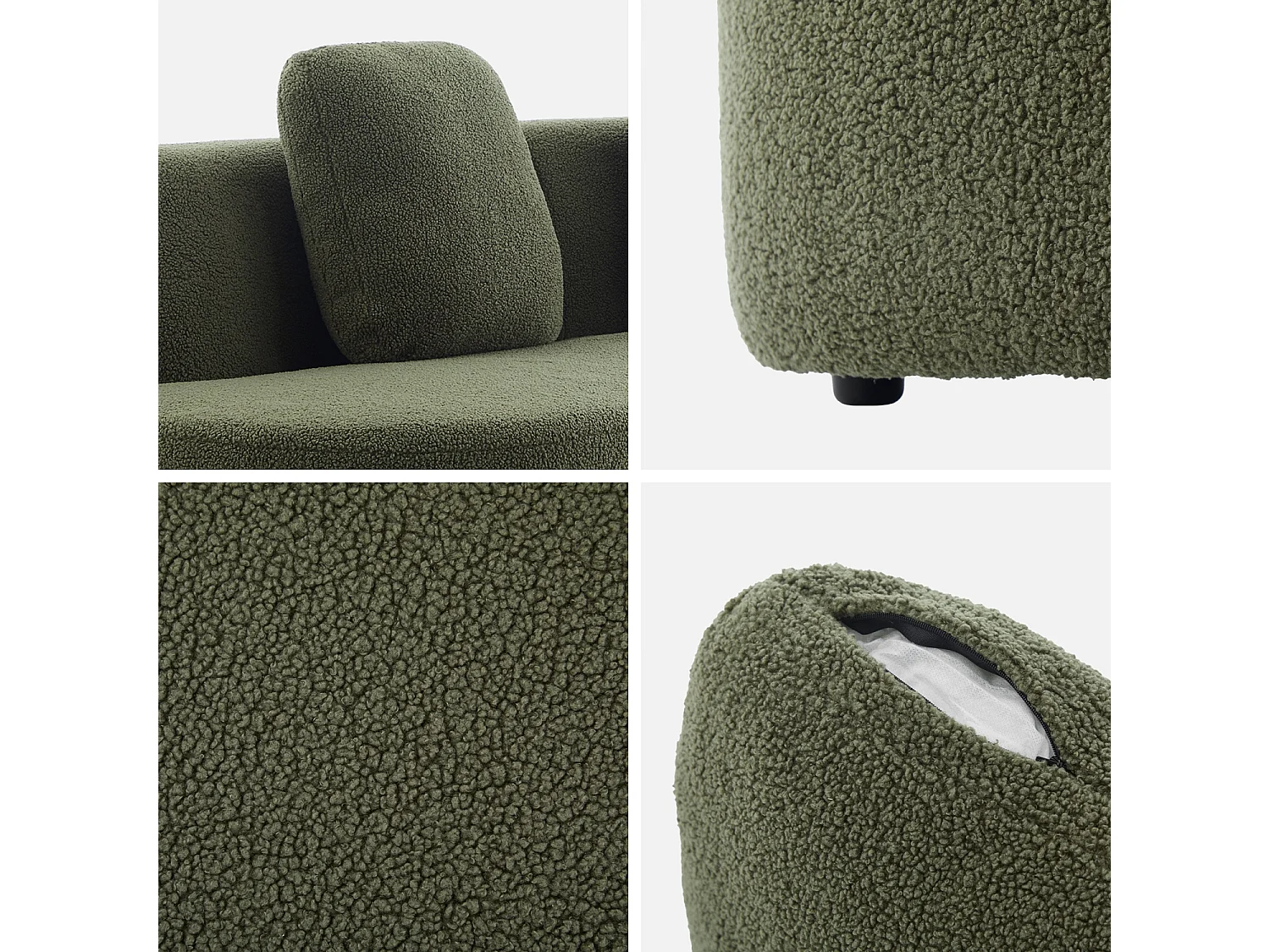 Divano virgola organico in bouclé, 3 posti, verde kaki