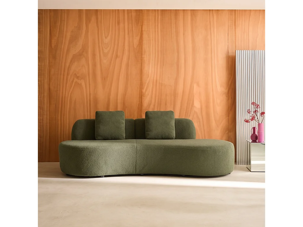 Divano curvo organico in bouclé, 3 posti, verde kaki