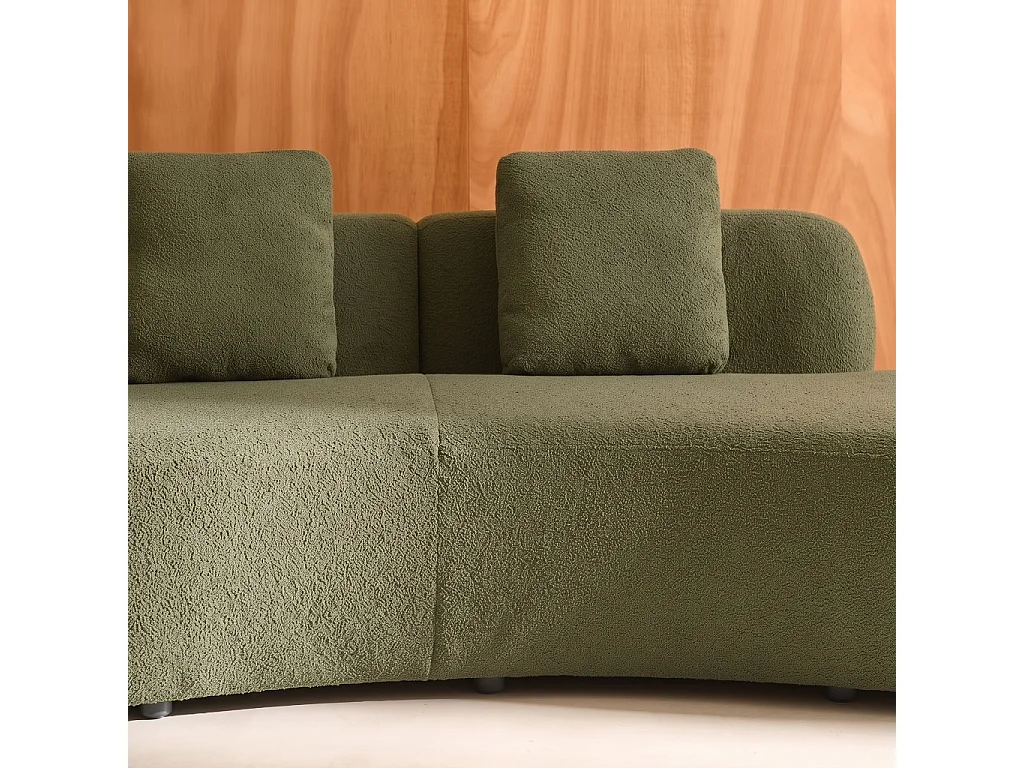 Divano curvo organico in bouclé, 3 posti, verde kaki