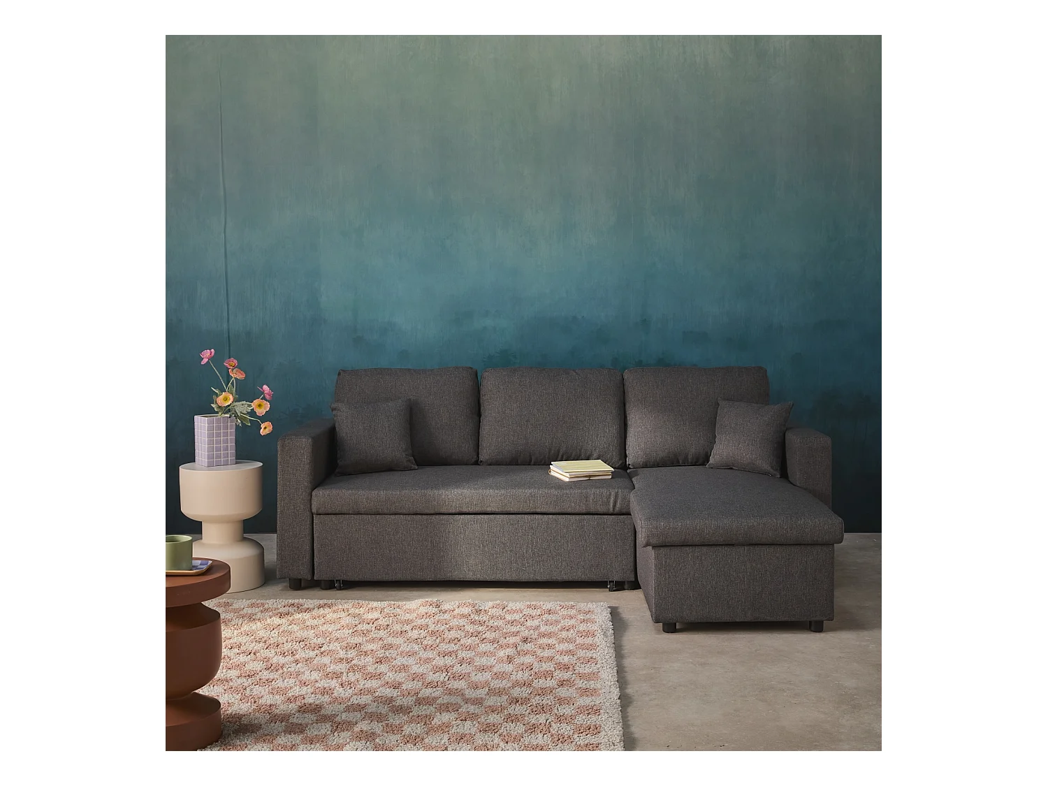Canapé d'angle SMILE convertible réversible compact 3 places en tissu gris foncé. L 213.5 x P 136.5 x H 83cm. avec coffre de rangement