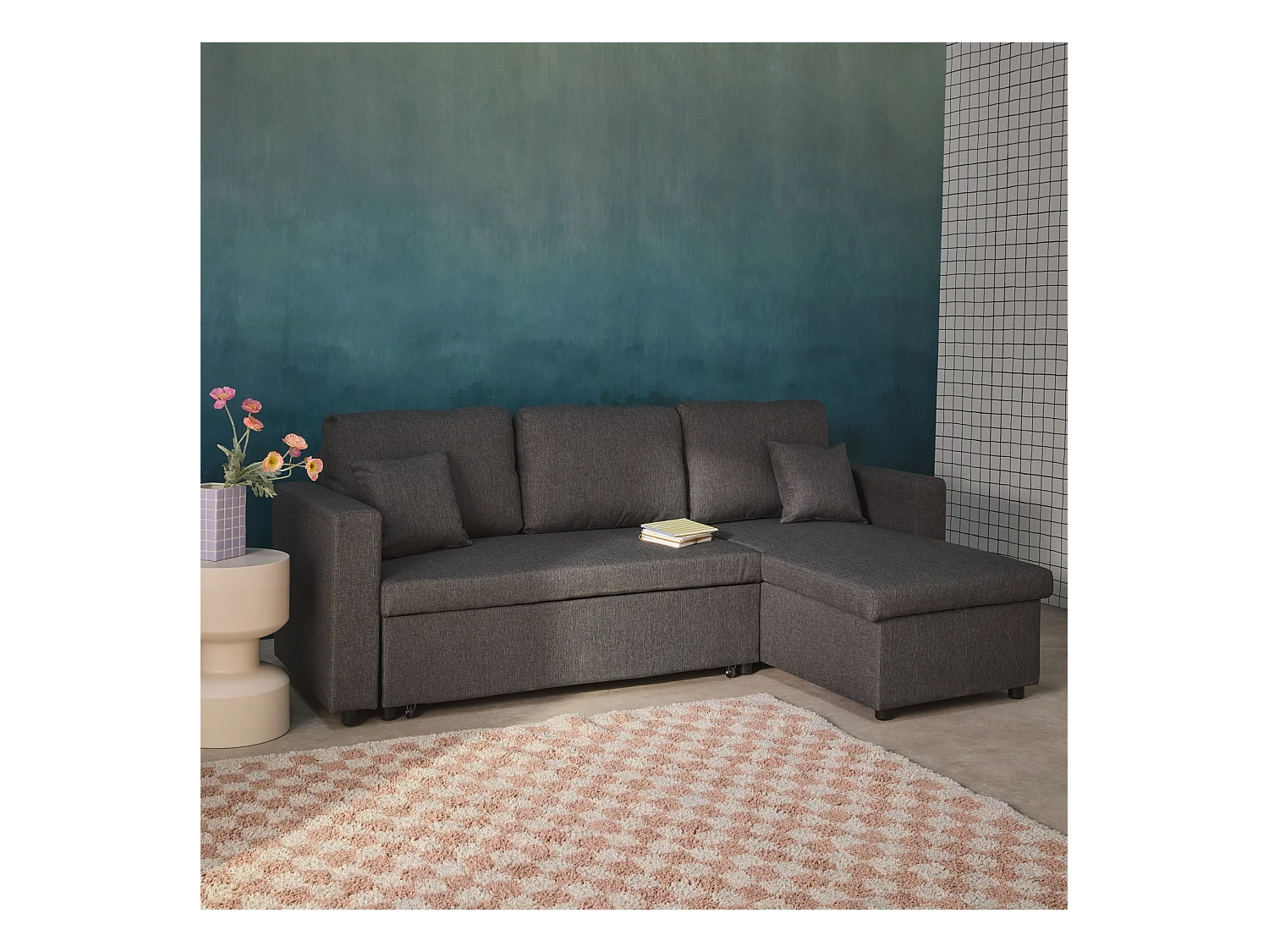 Canapé d'angle SMILE convertible réversible compact 3 places en tissu gris foncé. L 213.5 x P 136.5 x H 83cm. avec coffre de rangement