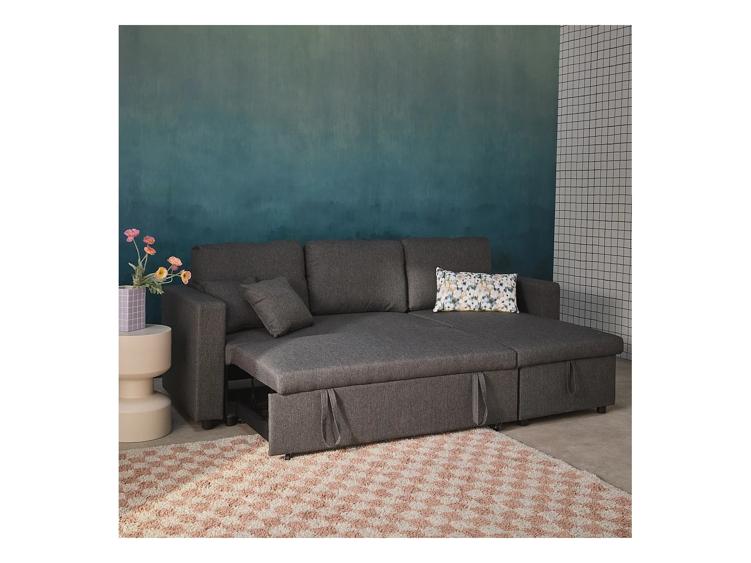 Canapé d'angle SMILE convertible réversible compact 3 places en tissu gris foncé. L 213.5 x P 136.5 x H 83cm. avec coffre de rangement