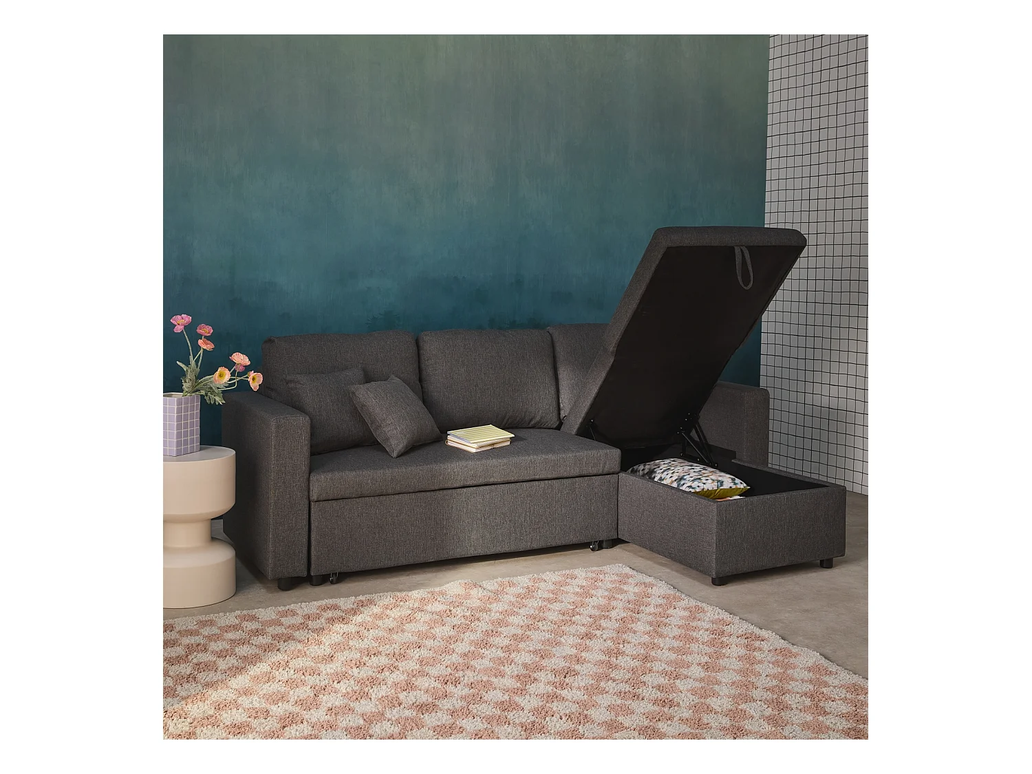 Canapé d'angle SMILE convertible réversible compact 3 places en tissu gris foncé. L 213.5 x P 136.5 x H 83cm. avec coffre de rangement