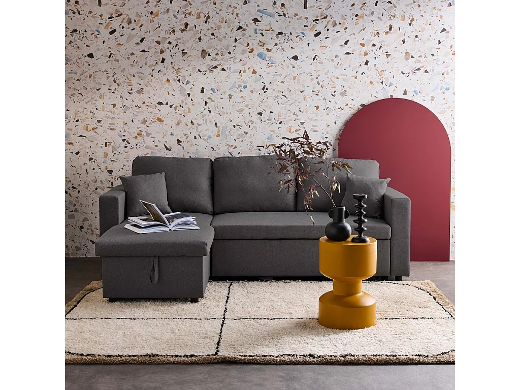Canapé d'angle SMILE convertible réversible compact 3 places en tissu gris foncé. L 213.5 x P 136.5 x H 83cm. avec coffre de rangement