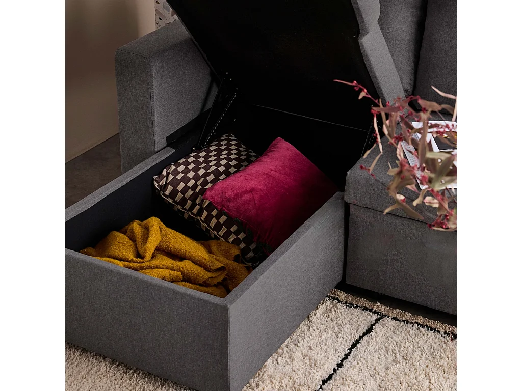 Canapé d'angle SMILE convertible réversible compact 3 places en tissu gris foncé. L 213.5 x P 136.5 x H 83cm. avec coffre de rangement