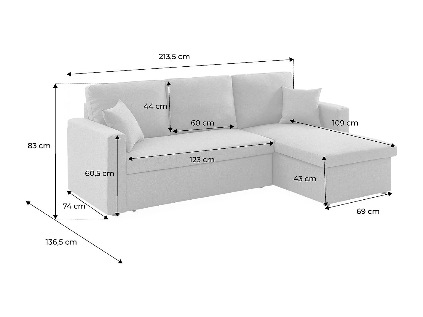 Canapé d'angle SMILE convertible réversible compact 3 places en tissu gris foncé. L 213.5 x P 136.5 x H 83cm. avec coffre de rangement