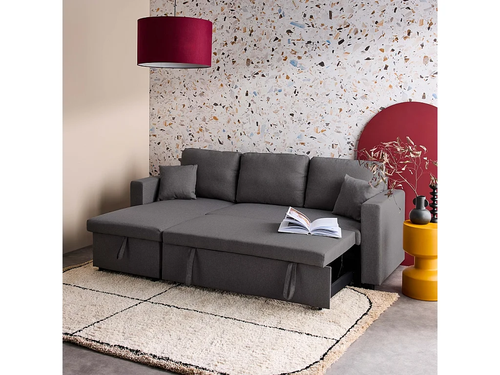 Divano letto compatto in tessuto, 3 posti, grigio scuro