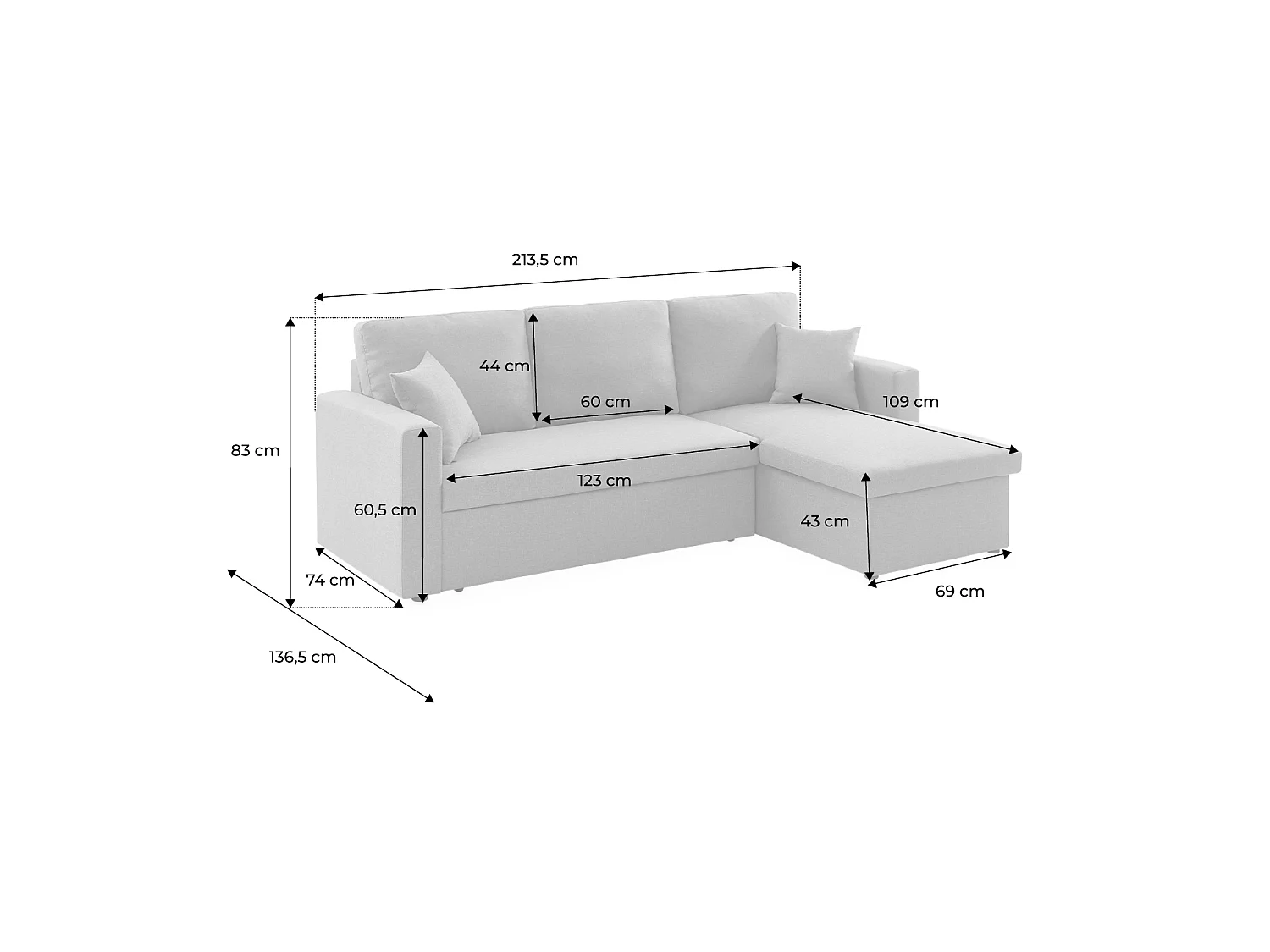 Divano letto compatto in tessuto, 3 posti, grigio scuro