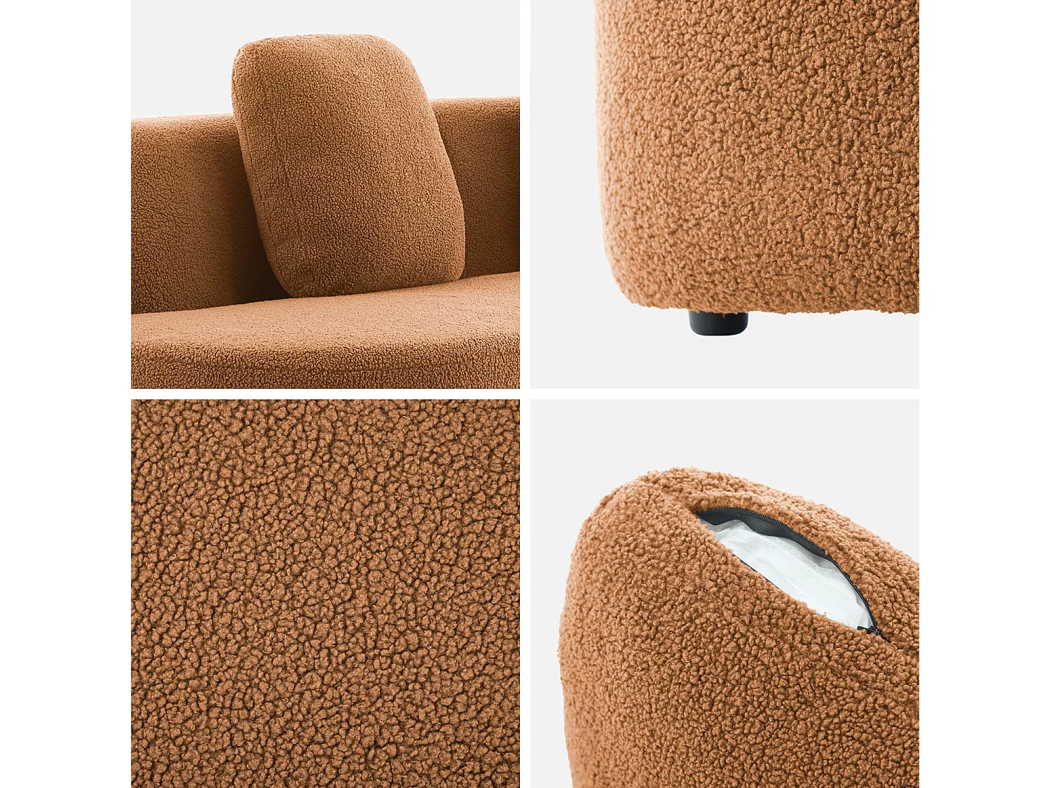 Canapé virgule 3 places en tissu bouclette camel forme organique - WAVE L 232 x P 97 x H 68cm