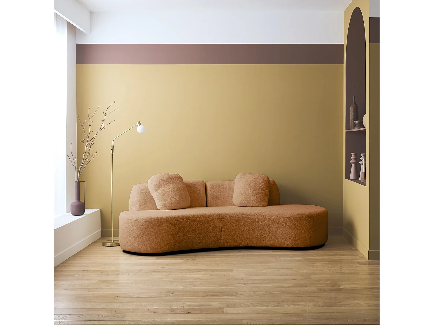 Canapé virgule 3 places en tissu bouclette camel forme organique - WAVE L 232 x P 97 x H 68cm