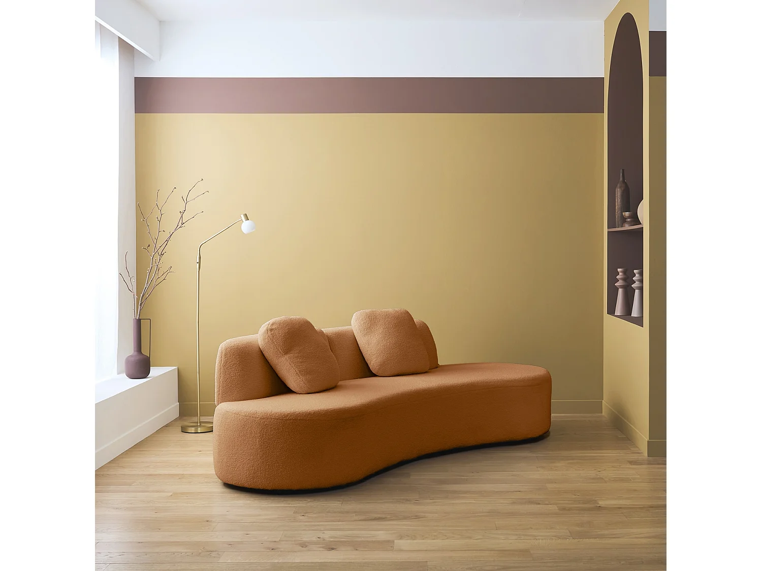 Canapé virgule 3 places en tissu bouclette camel forme organique - WAVE L 232 x P 97 x H 68cm