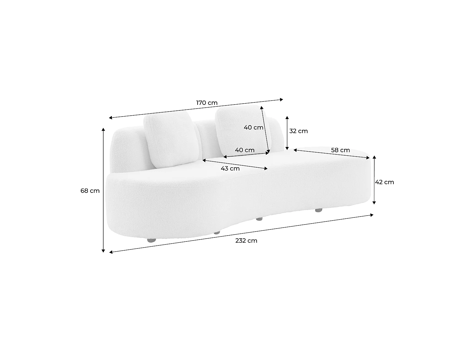 Canapé virgule 3 places en tissu bouclette camel forme organique - WAVE L 232 x P 97 x H 68cm